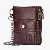 Bullcaptain Men Genuine Leather Vintage RFID Blokujący składany portfel z łańcuszkiem zabezpieczającym przed kradzieżą