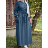Women Plain Button Front Lace-Up Elastic Cuff Vintage Long Sleeve Maxi Dress With Pocket
