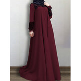 Vestido musulmán de manga larga informal con cuello redondo y gran swing vendimia de encaje para mujer