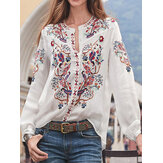 Ethnic Style Print Round Neck Long Sleeve Bohemia Button Blouse For Women