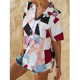 Camicie con stampa in piumino con bottoni geometrici patchwork per le donne