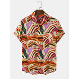 Original 
            Mens Colorful Abstract Striped Print Holiday Short Sleeve Shirts