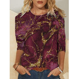 Plus Size Women Printing Round Neck Long Sleeve Casual Blouses