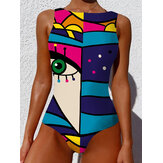 Graffiti Abstract Print Patchwork High Neck Sleeveless Slimming Swimsuit Women Bikini