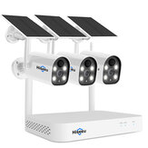 Hiseeu 2K HD sans fil 3-Cam Kits Système de caméra de sécurité sans fil alimenté par batterie solaire Projecteur Vision nocturne en couleur Audio 2 voies Montage mural PIR Étanche pour la sécurité à domicile