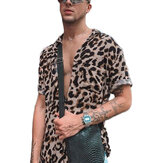 ЛЕТНЯЯ Рубашка с леопардовым принтом изысканного фасона для мужчин с коротким рукавом и воротником Лапель. Кэжуал блузка с цветочным узором для мужчин на пляже Гавайев