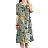 Retro bloemenprint twee zakken losse casual jurk voor dames For