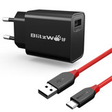 BlitzWolf® BW-S9 18W USB зарядное устройство EU + AmpCore BW-TC6 3A USB Type-C Плетеный кабель для зарядки данных 6 футов / 1,8 м