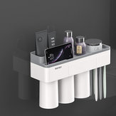 Porta-escova de dentes magnético cinza, dispensador espremedor de pasta de dentes, armazenamento de banheiro 2/3 copos