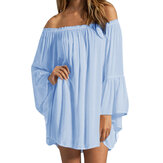Off Shoulder Solid Pleated Summer Casual Dress For Women