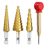 4-piece Set Includes 6mm Capped Center Punch Locator and 3pcs HSS Hexagonal Shank Step Drill