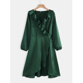 Tallas grandes Mujer Verde Ruffle Dobladillo Split V-Cuello Casual Vestido