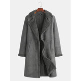 Mens Mid Long Faux Leather Lamb Wool Double Breasted Slits Design Suede Jacket
