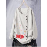 M-5XL Women Casual O-neck Fish Print Button T-shirts