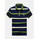 Mens Business Striped Printed Turn-down Collar Golf Shirt Short Sleeve Casual Cotton Tops