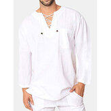 Men's Casual Long sleeves Shirts Solid T Shirts Pocket Lace Up V Neck Tee Tops 