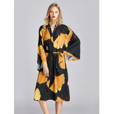 Lange mouw flora bedrukte Kimono Robe Midi zijdeachtige nachtjapon