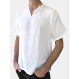 Algodão dos homens respirável com decote em v solta ajuste t-shirt Casual cor sólida manga curta Tops