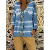 Contrast Color V-neck Long Sleeve Casual Women Blouse