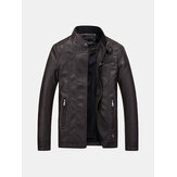 Mens PU Leather Casual Thick Velvet Motorcycle Jacket Fashion Black Zipper Coat 