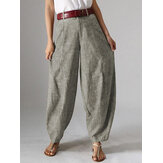Pantalones de harén de color sólido con botones de cintura alta para mujer y bolsillos