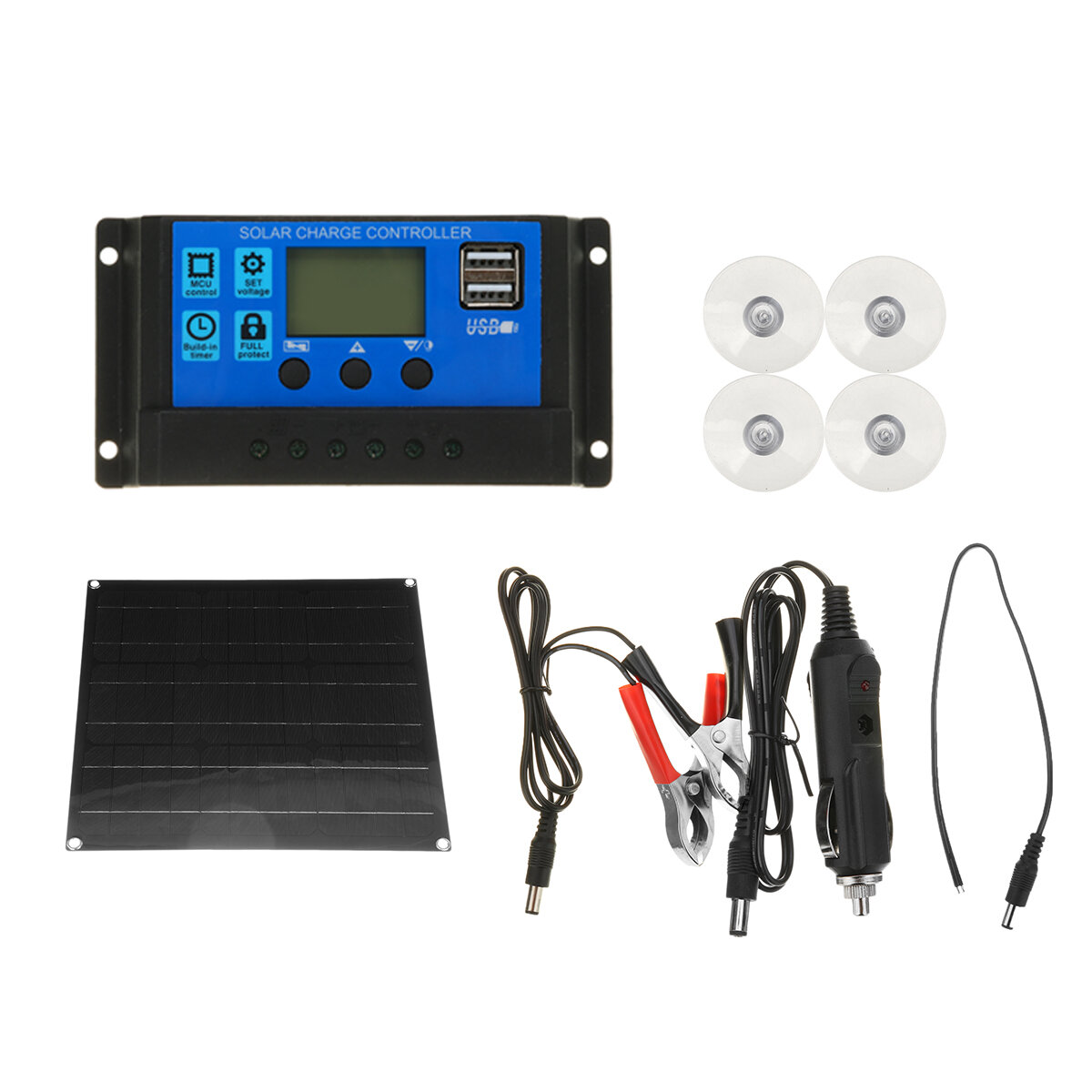 30-90A Solar Panel Kit Dual USB Port Battery Charger LCD Controller With 4Pcs Suckers