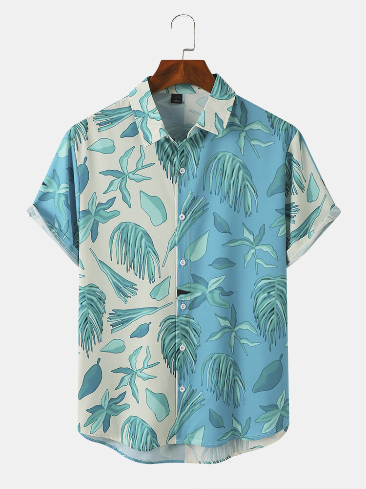 Heren Plantenprint Vintage Stijl Revers Tweekleurige Korte Mouwen Alle Matched Shirts