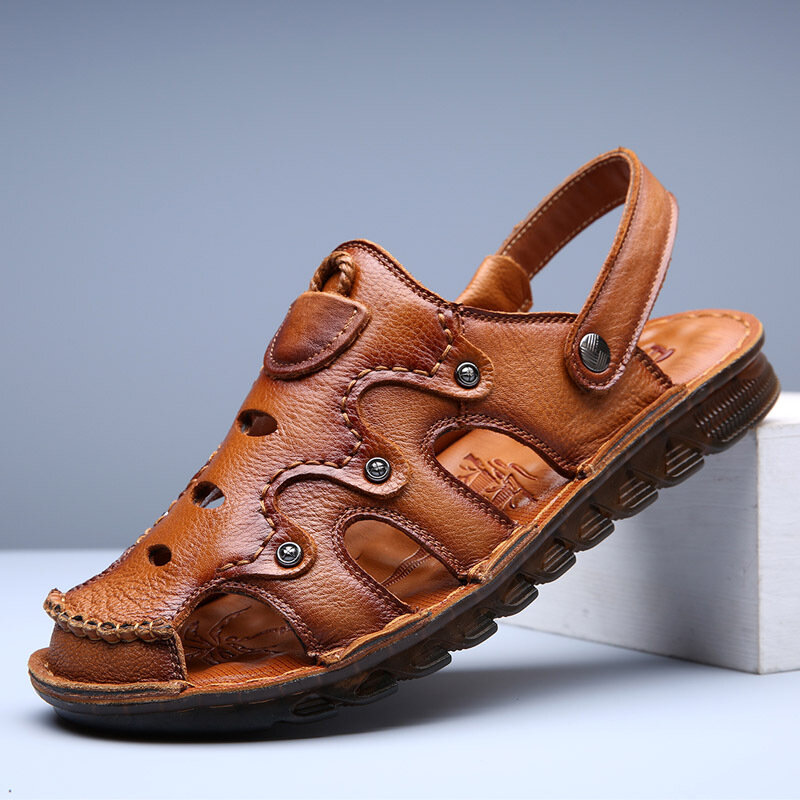 

Men Cowhide Hollow Out Breathable Soft Bottom Two Ways Closed Toe Outdoor Casual Sandals