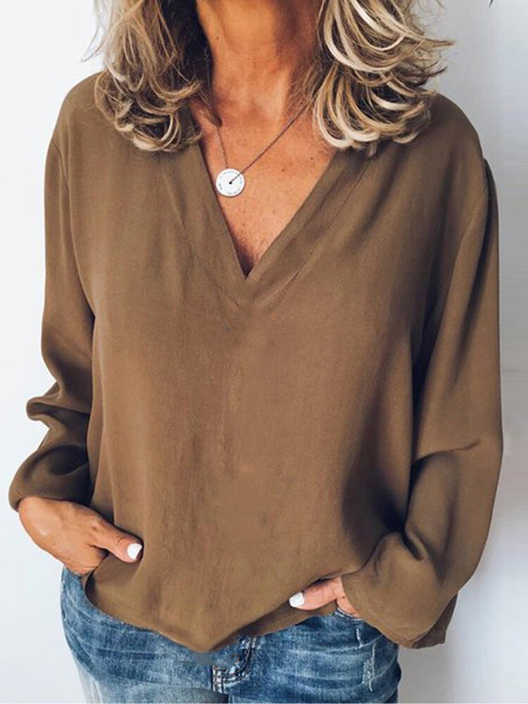 Women Long Sleeve V Neck Casual Loose Solid Blouse
