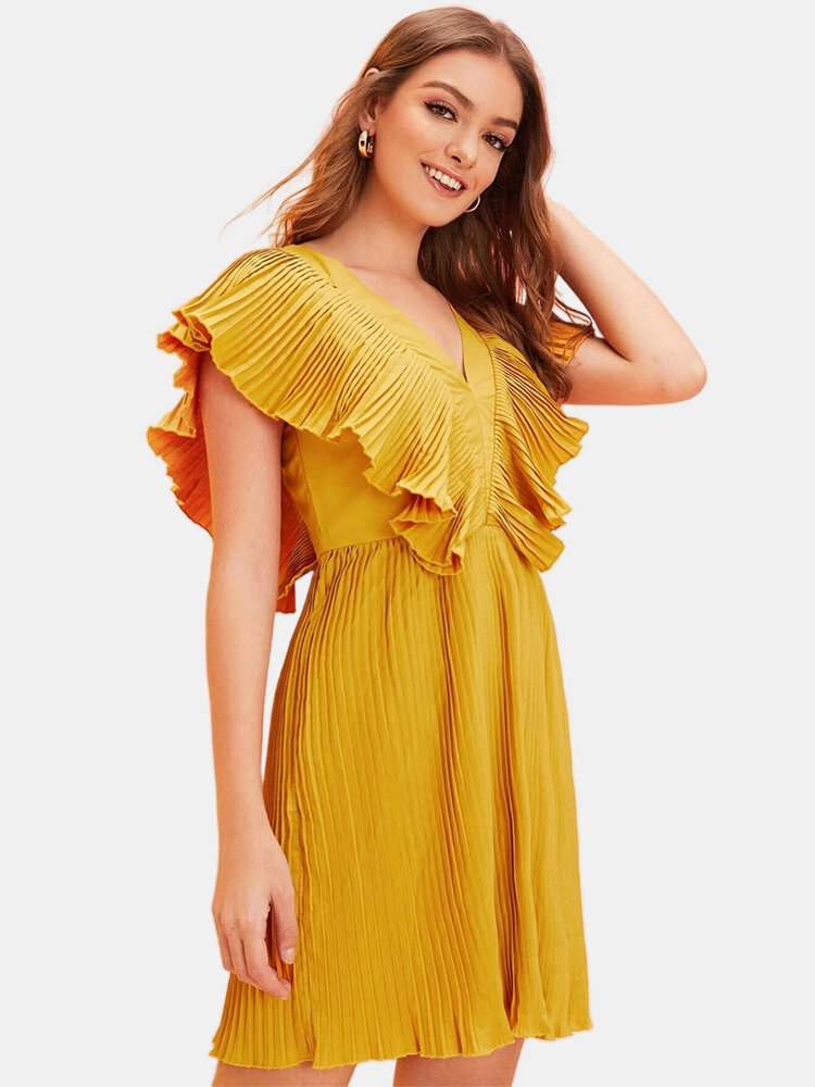 Solid Color V-neck Backless Pleated Casual Dress