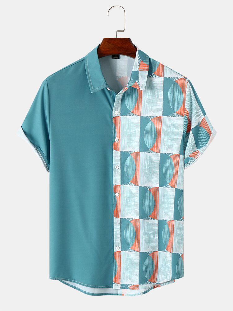 Mens Geometric Overlap Spliced Front Buttons Short Sleeve Shirts