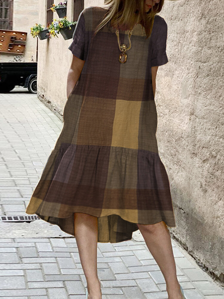 O-Neck Plaid Loose Casual Dress With Side Pockets For Women