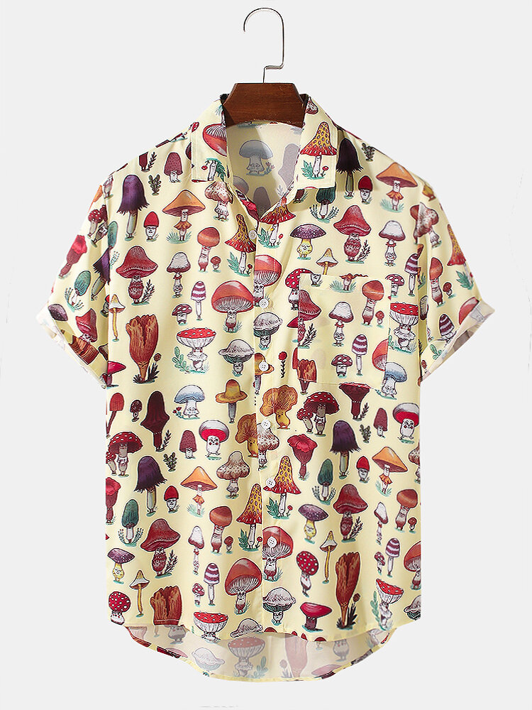 

Mens Multiple Cartoon Mushroom Print Holiday Short Sleeve Shirts