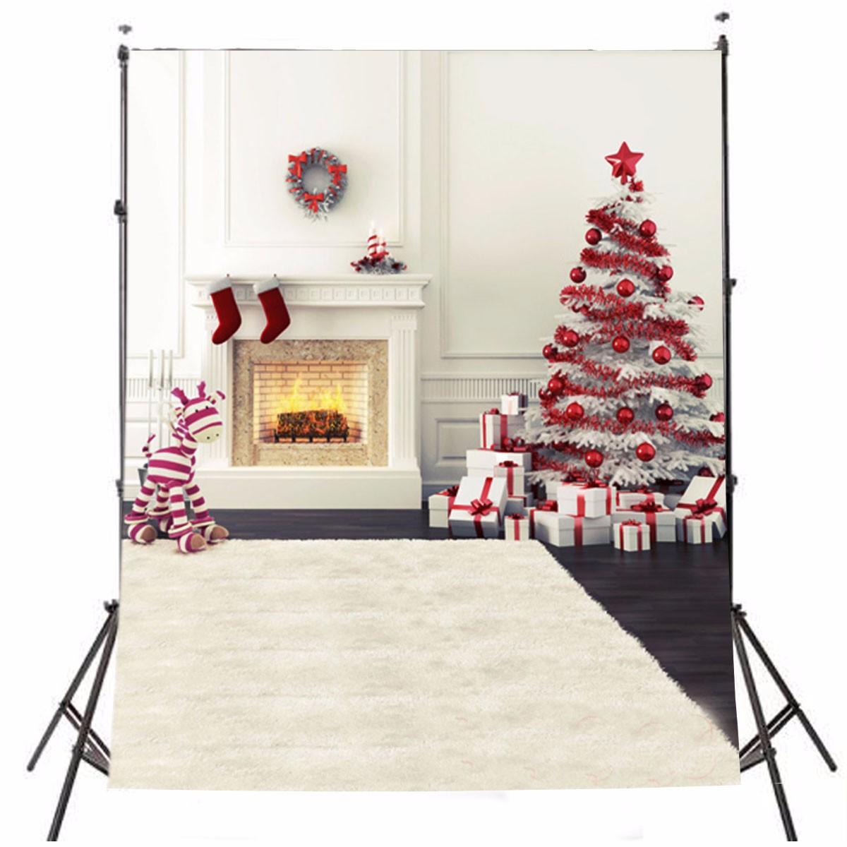 5x7FT Vinyl Christmas Tree Fireplace Stocking Photography Backdrop Background Studio Prop