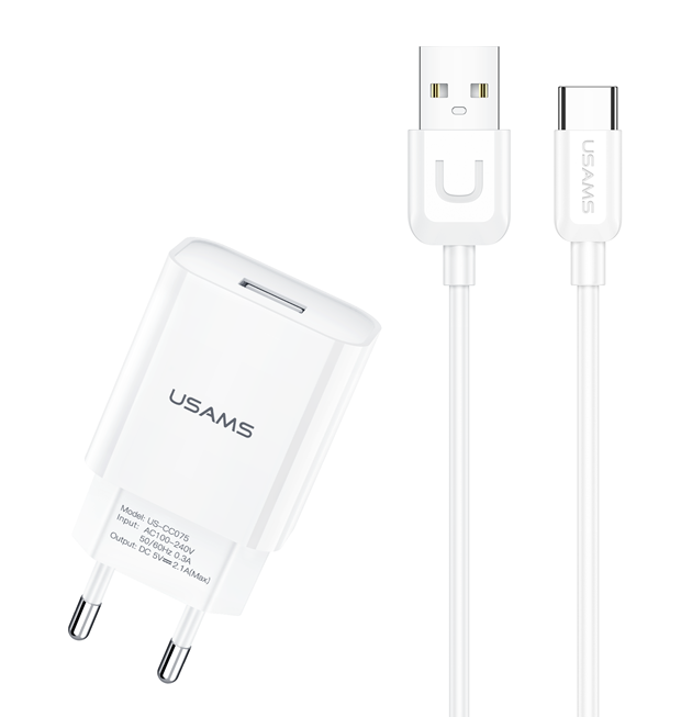 

USAMS T21 2.1A Single USB Charger EU Plug with Charging Cable for iPhone 12 Pro Max for Samsung Galaxy S21 Note S20 ultr