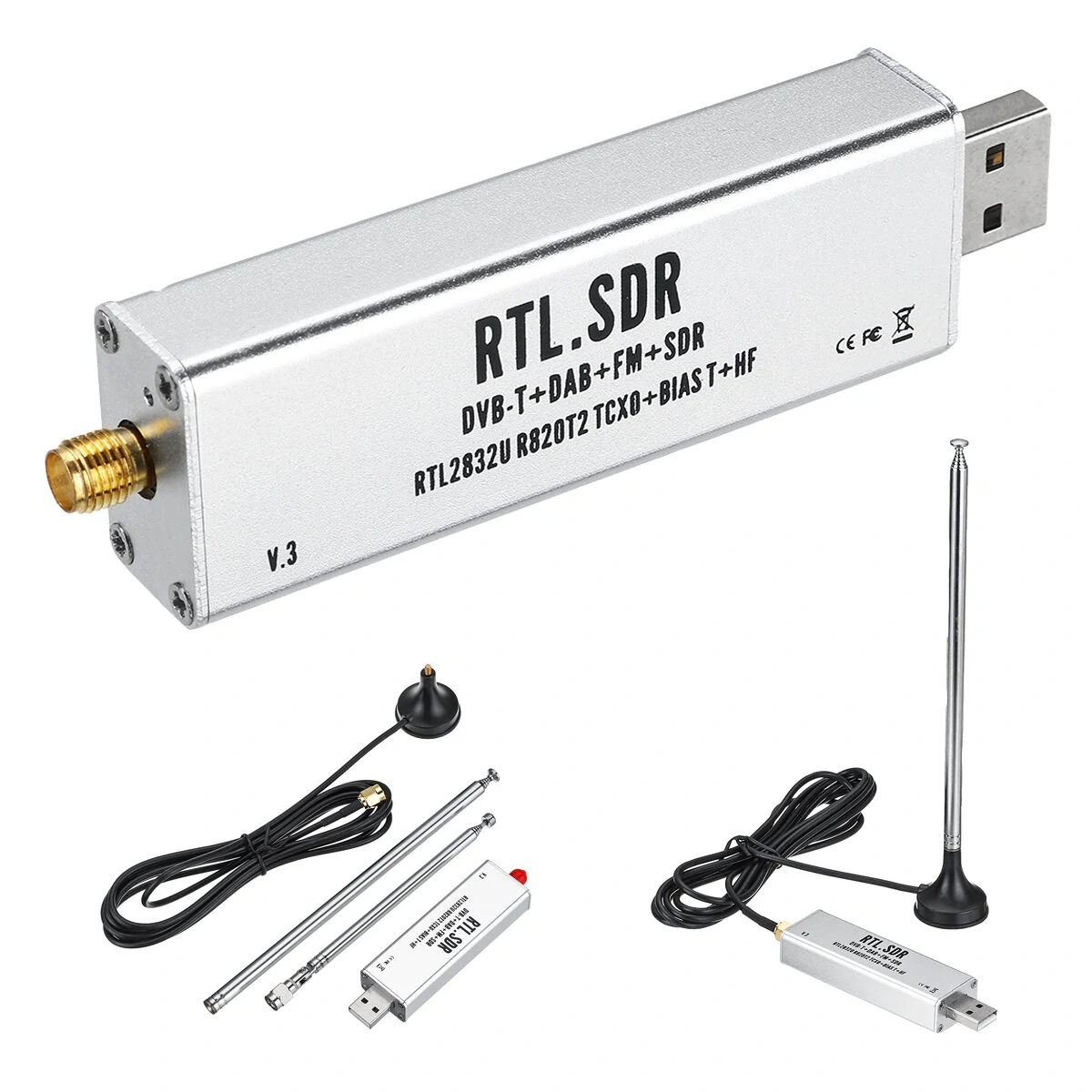 RTL-SDR V3 RTL2832 1PPM TCXO HF BiasTSMAソフトウェア無線+アンテナ