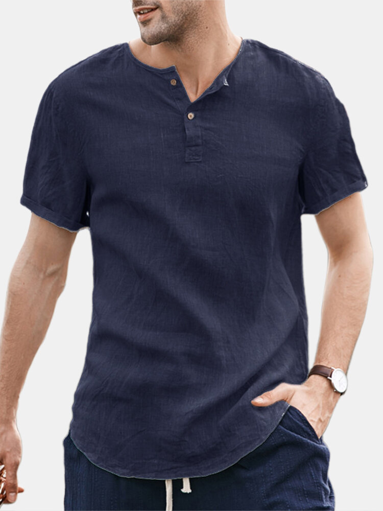 Heren Zomer Linnen V-hals Henley Tops Casual Fit Shirts Strand Yoga Button Shirts