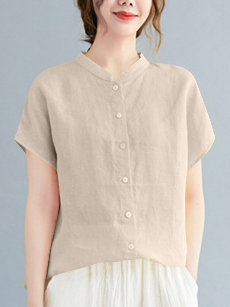 Cotton Solid Button Stand Collar Short Sleeve Casual Blouse