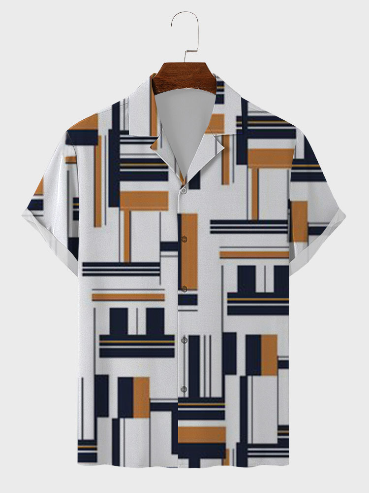 

Mens Geometric Print Revere Collar Casual Short Sleeve Shirts