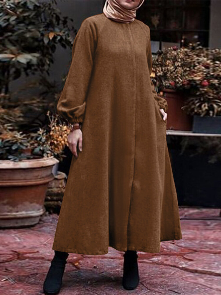 Women Solid Corduroy Abaya Kaftan Long Sleeve Ankle Length Midi Dresses