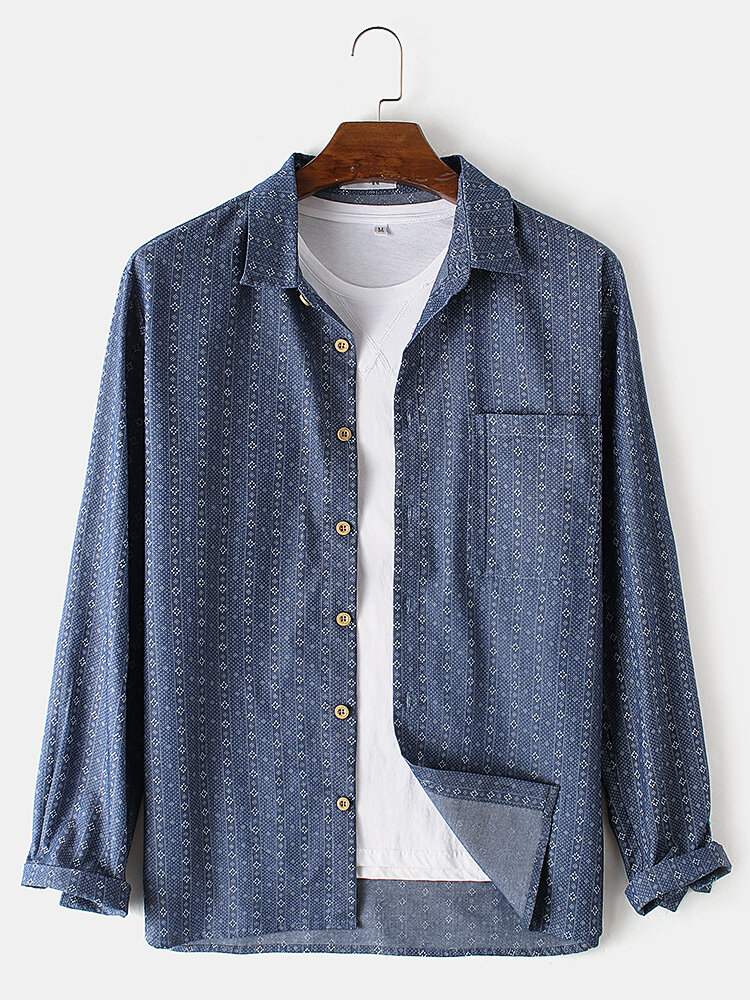 

Banggood Design Mens Cotton Vintage Print Pocket Lapel Long Sleeve Imitation Denim Shirts