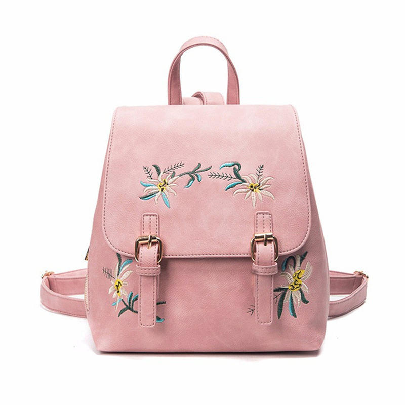 Floral Women Leather Backpack Embroidery School Vintage Bag 