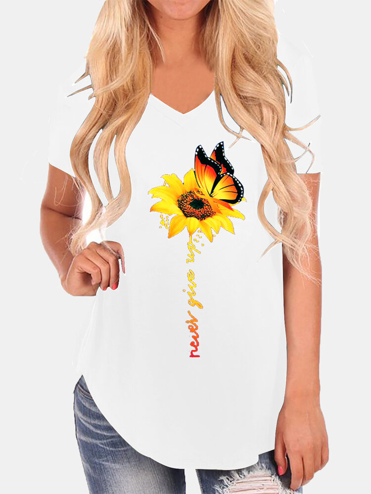 Casual losse vlinder zonnebloemprint V-hals T-shirts met onregelmatige zoom