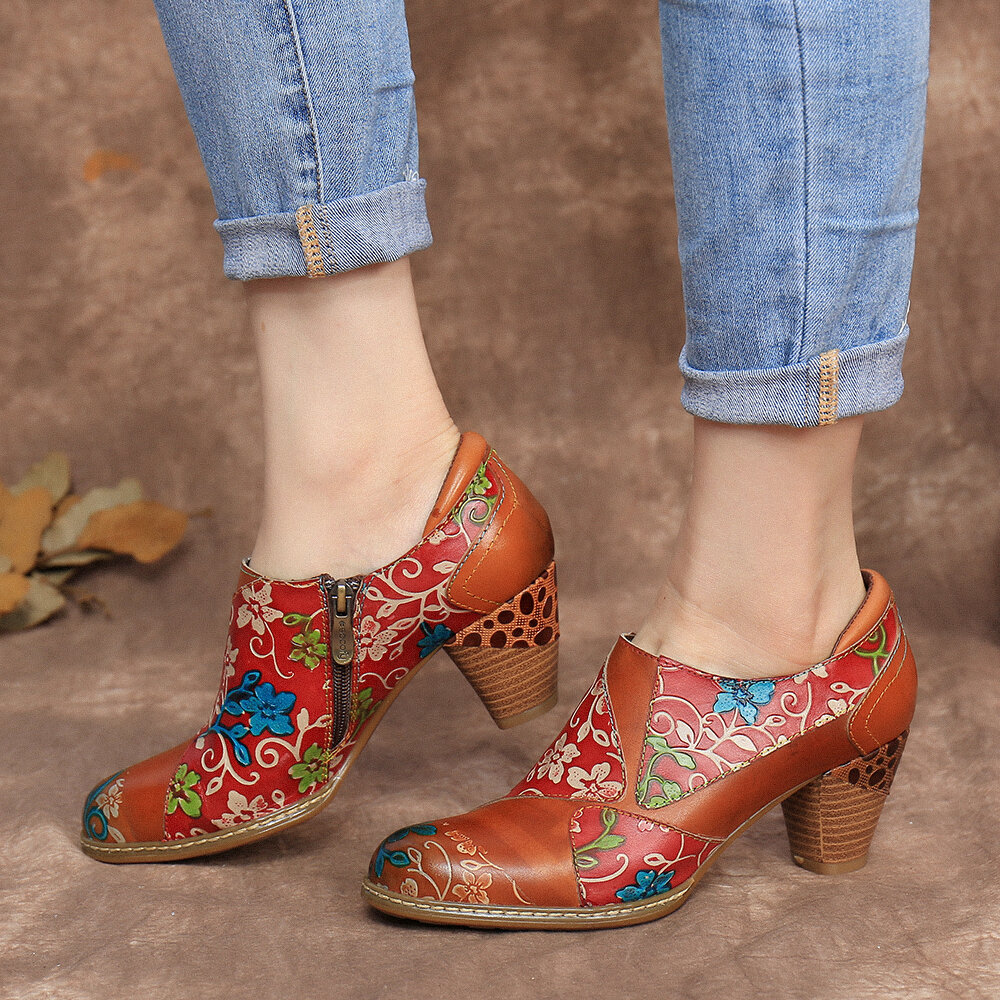 Image of SOCOFY Leather Floral Splicing Stitching Zipper Chunky Heel Pumps Kleid Schuhe
