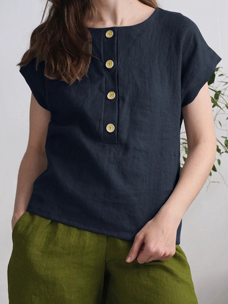 Solid button short sleeve crew neck casual blouse