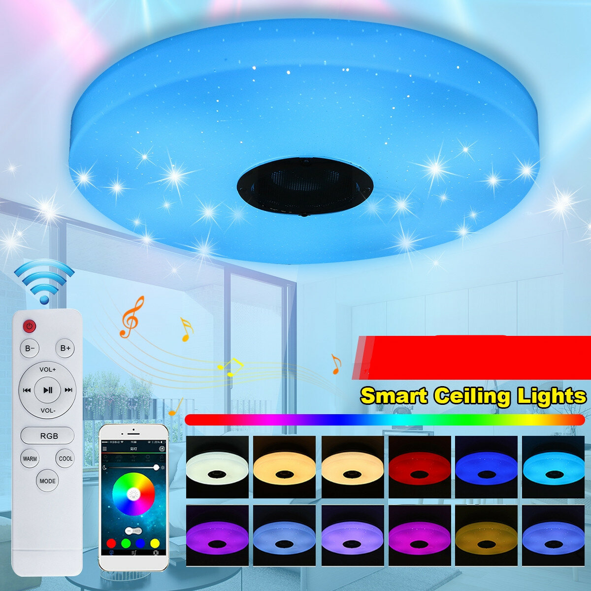 Image of 72W Smart LED Deckenleuchte RGB Bluetooth Music Speaker Schlafzimmer Wandleuchte