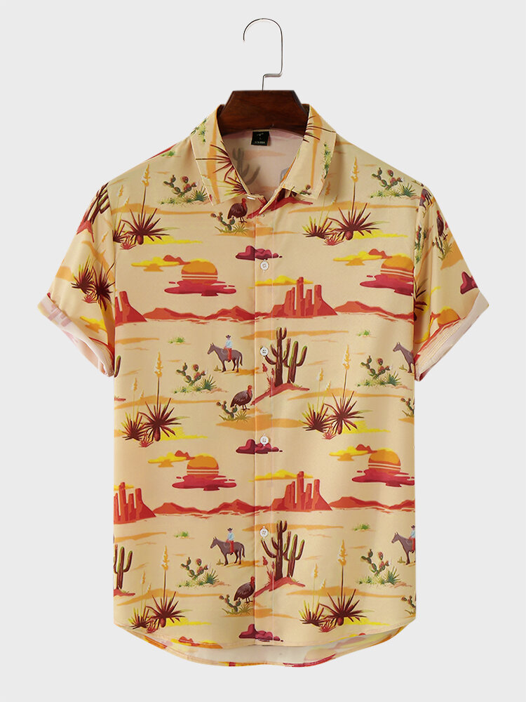 Men Dessert Landscape Print Short Sleeve Casual Shirts