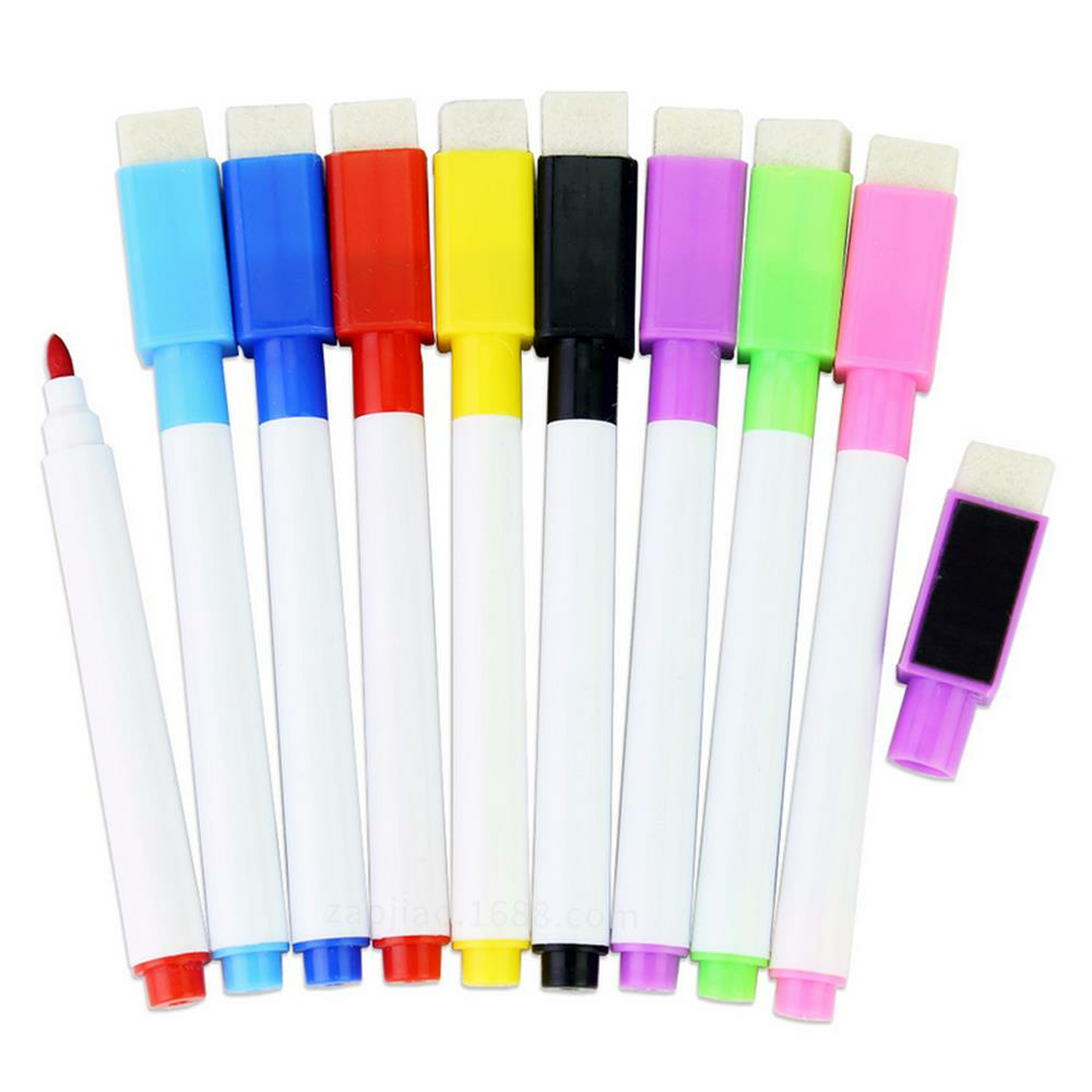 8 Pcs Colorful Black/Red/Blue Ink School Classroom Whiteboard Pen Magnetic Water-based Erasable Pen Student Children's Drawing Pen with Brush