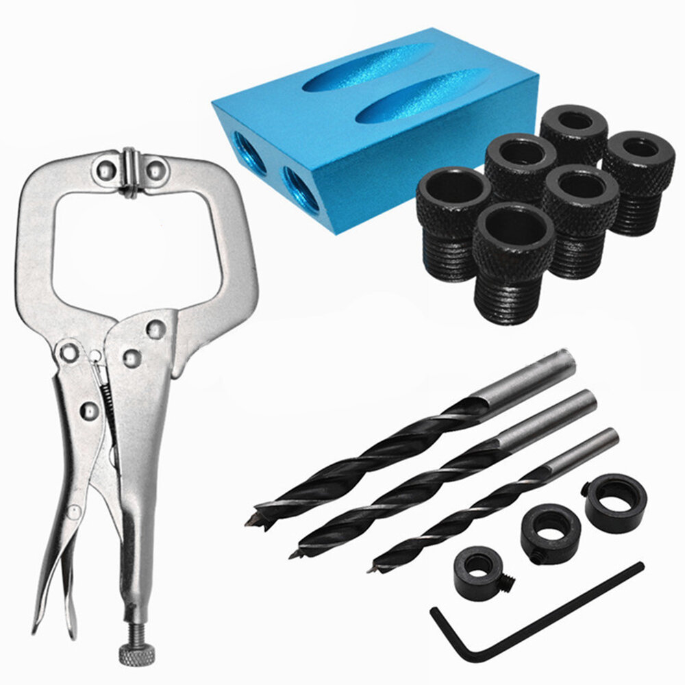 

15PC Degree Angle Pocket Hole Jig Kit 6/8/10mm Angle Drill Guide Hole Puncher Locator Jig Drill Bit Carpentry Woodworkin