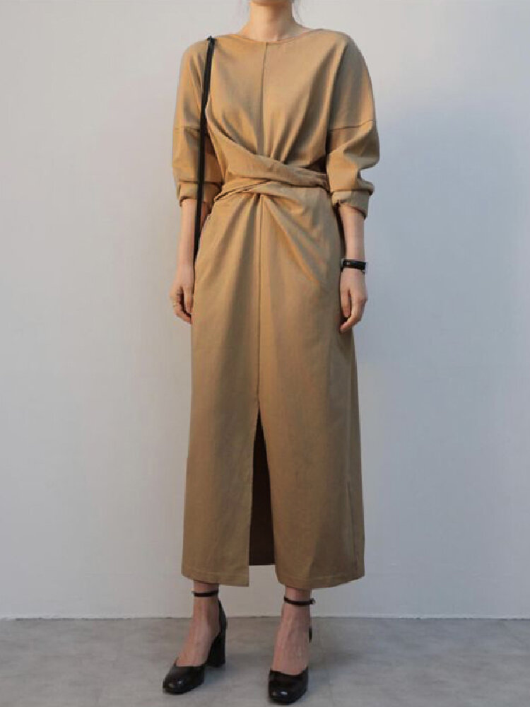Elegante effen kleur cross-lace ontwerp split zoom lange mouwen maxi-jurk